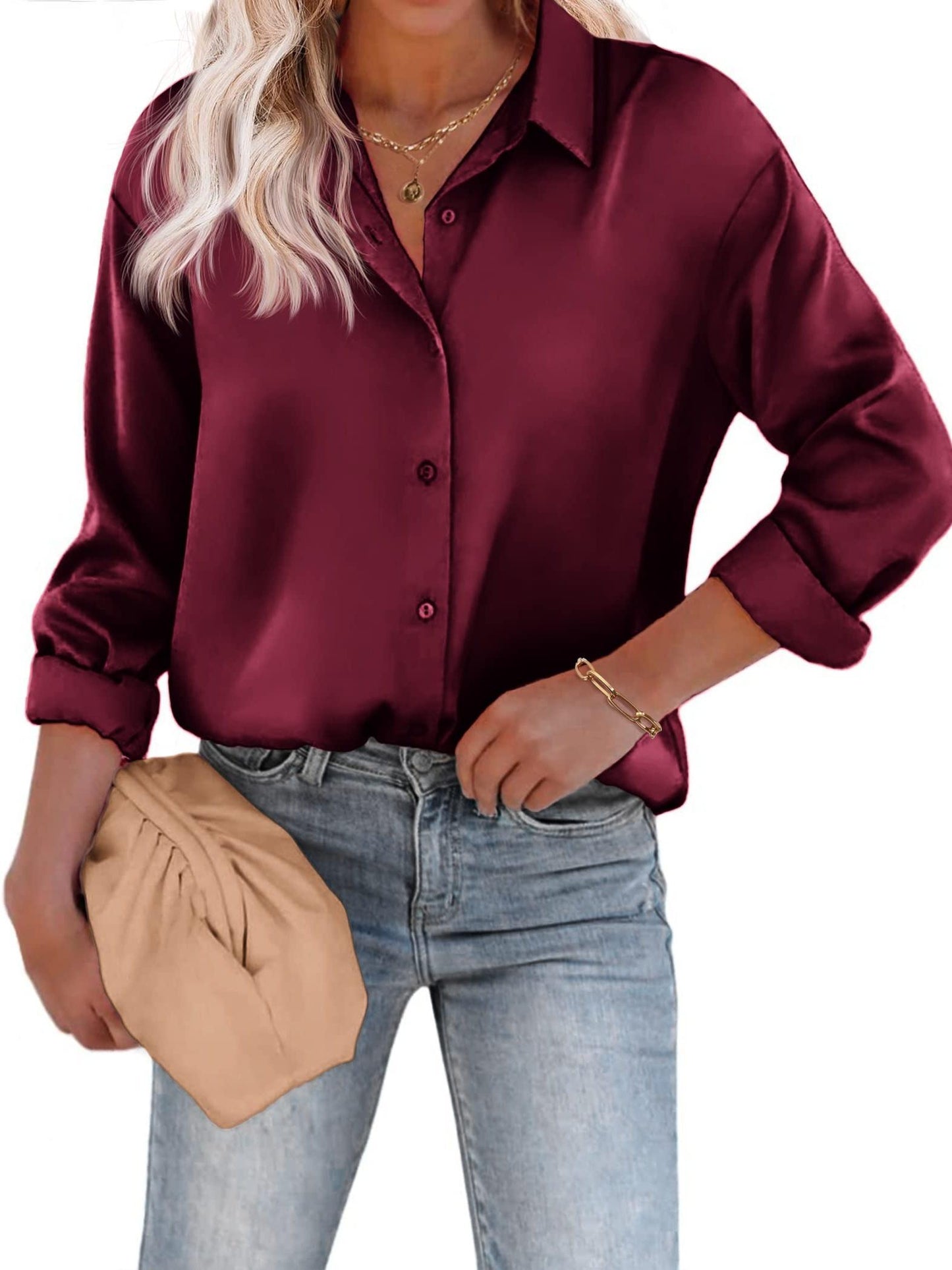 Bushii | Casual Satijnen Blouse met Knoopsluiting en Lange Mouwen