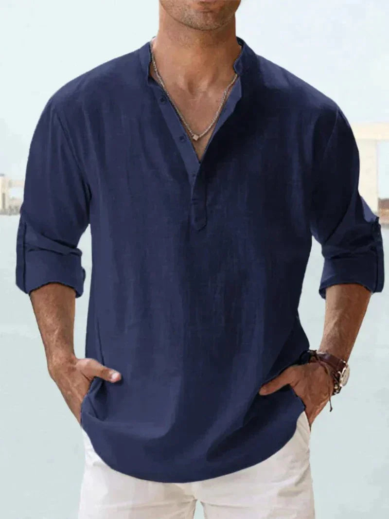 Heren Shirt Marineblauw 100% Linnen Overhemd voor Casual Stranduitjes