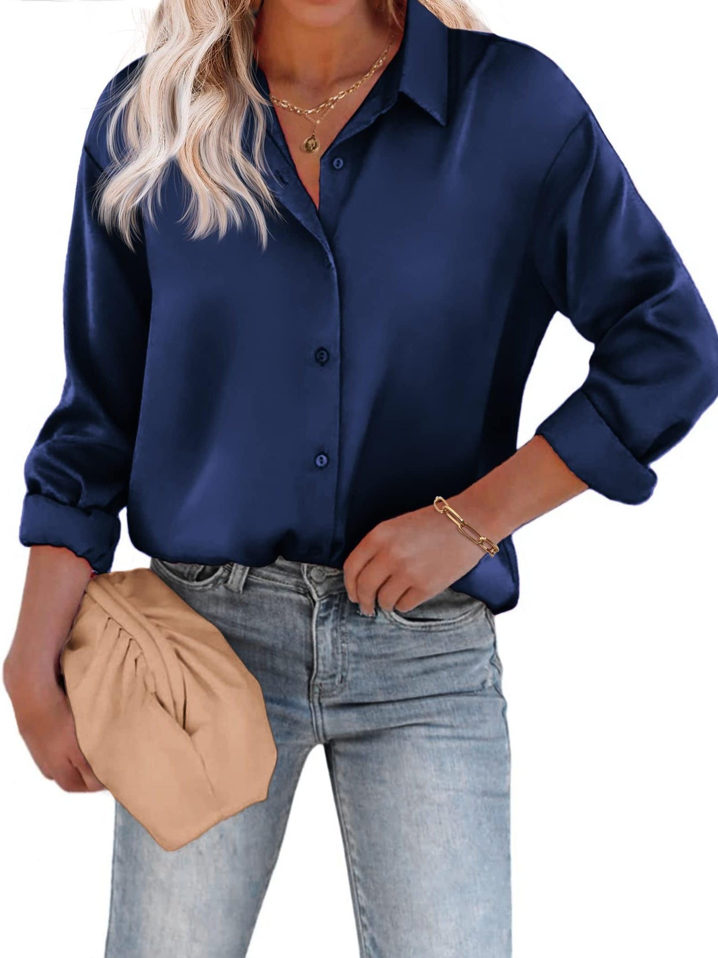 Bushii | Casual Satijnen Blouse met Knoopsluiting en Lange Mouwen