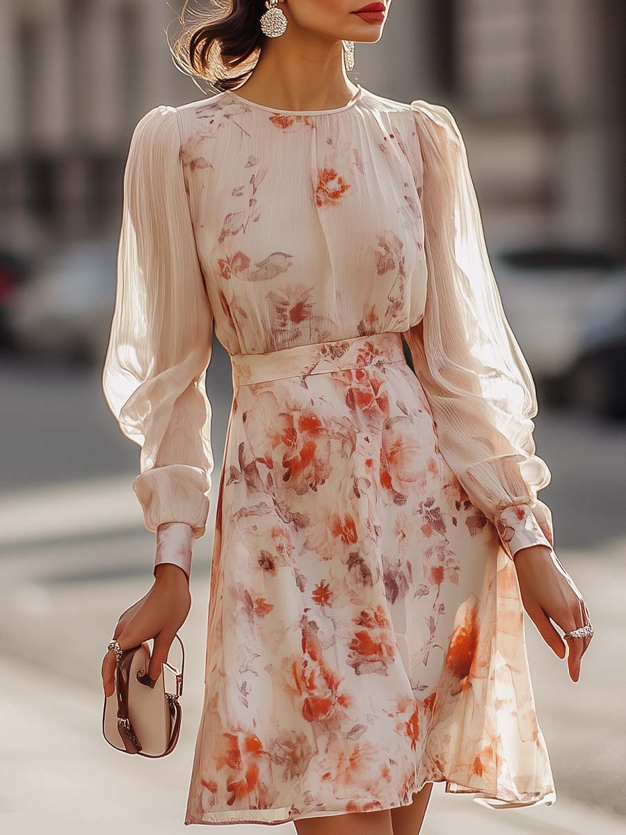 Bushii | Bloemenprint Geplooide Jurk met Korte Mouwen