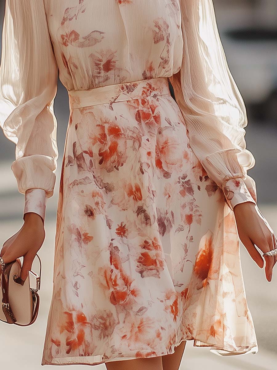 Bushii | Bloemenprint Geplooide Jurk met Korte Mouwen