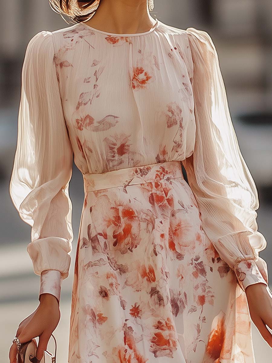 Bushii | Bloemenprint Geplooide Jurk met Korte Mouwen