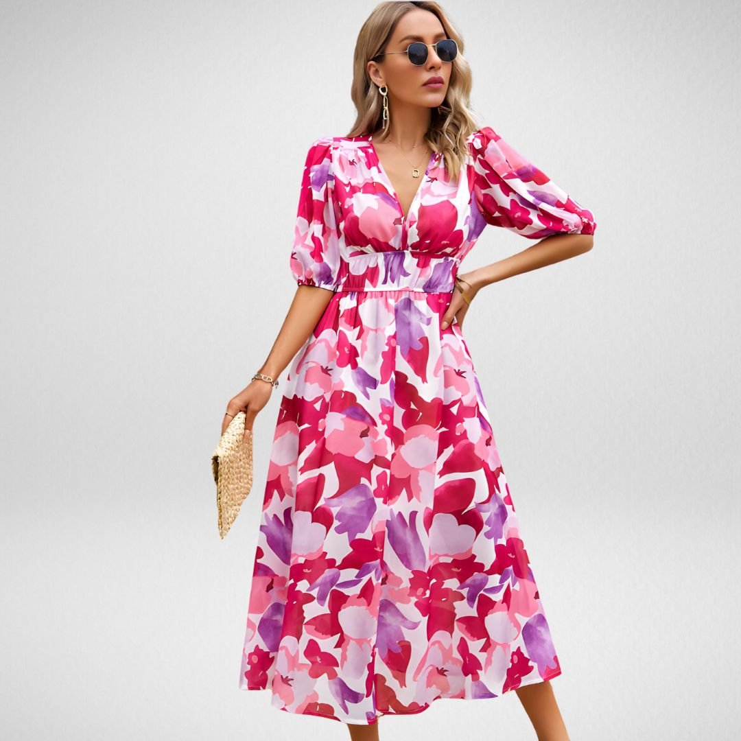 Bushii | Midi Jurk Met V-hals En Zomerse Print