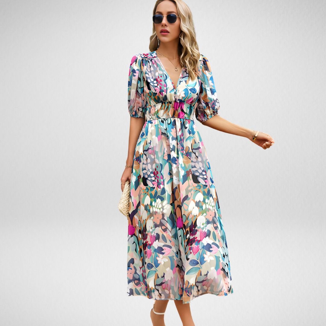 Bushii | Midi Jurk Met V-hals En Zomerse Print