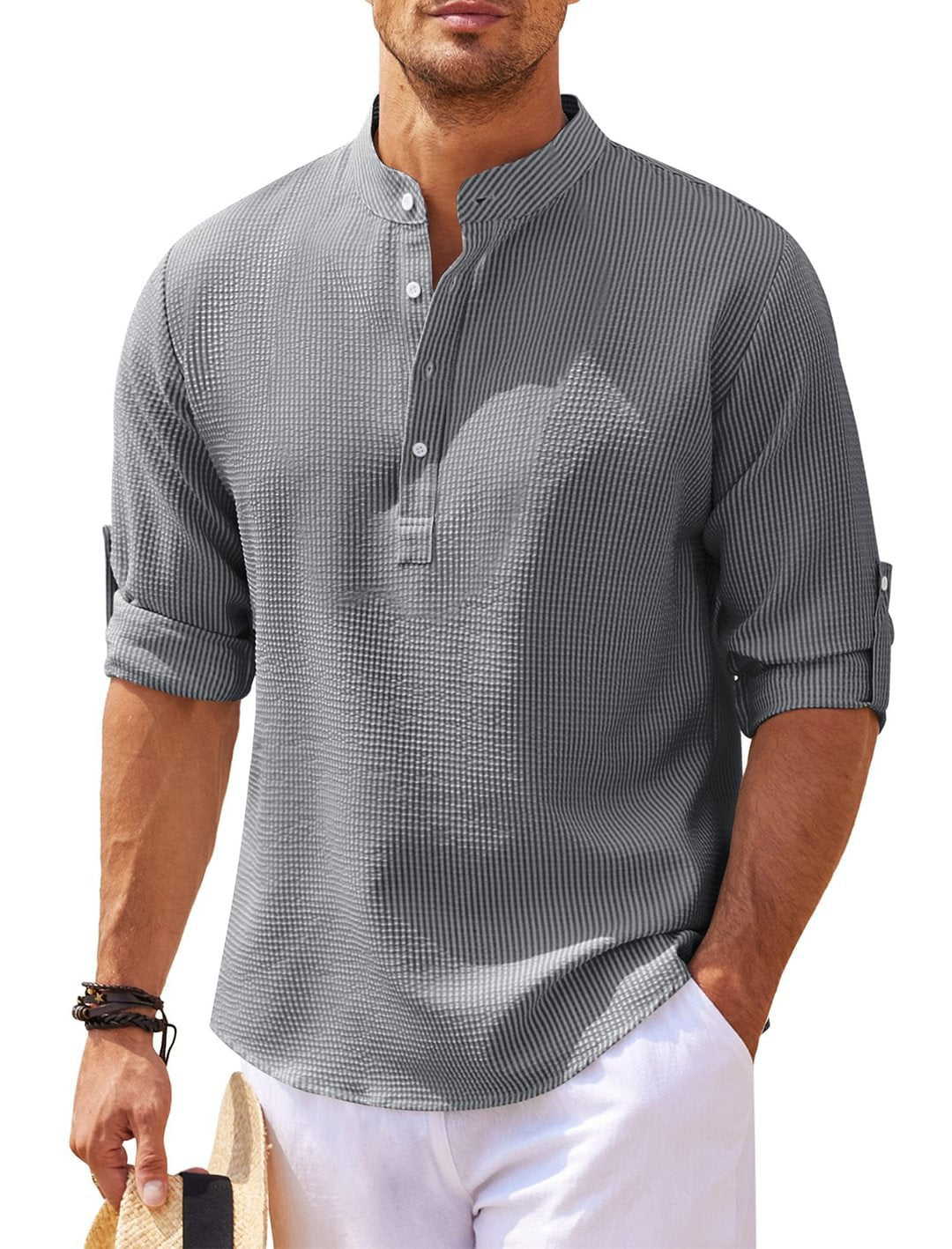 Variant image for Heren Overhemd Katoen Kraagloos Casual Zomerlook-36