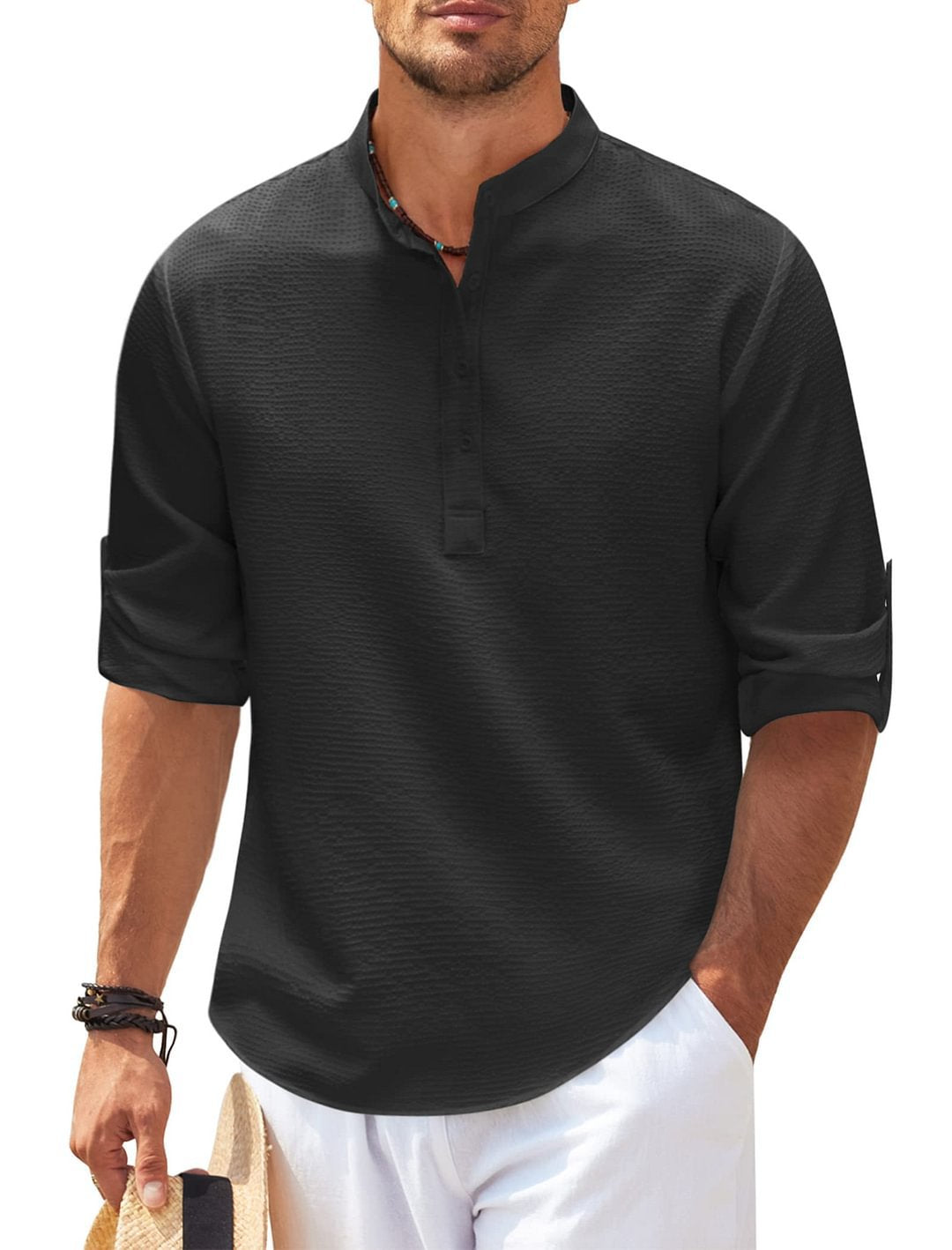 Bushii | Heren Overhemd Katoen Kraagloos Casual Zomerlook