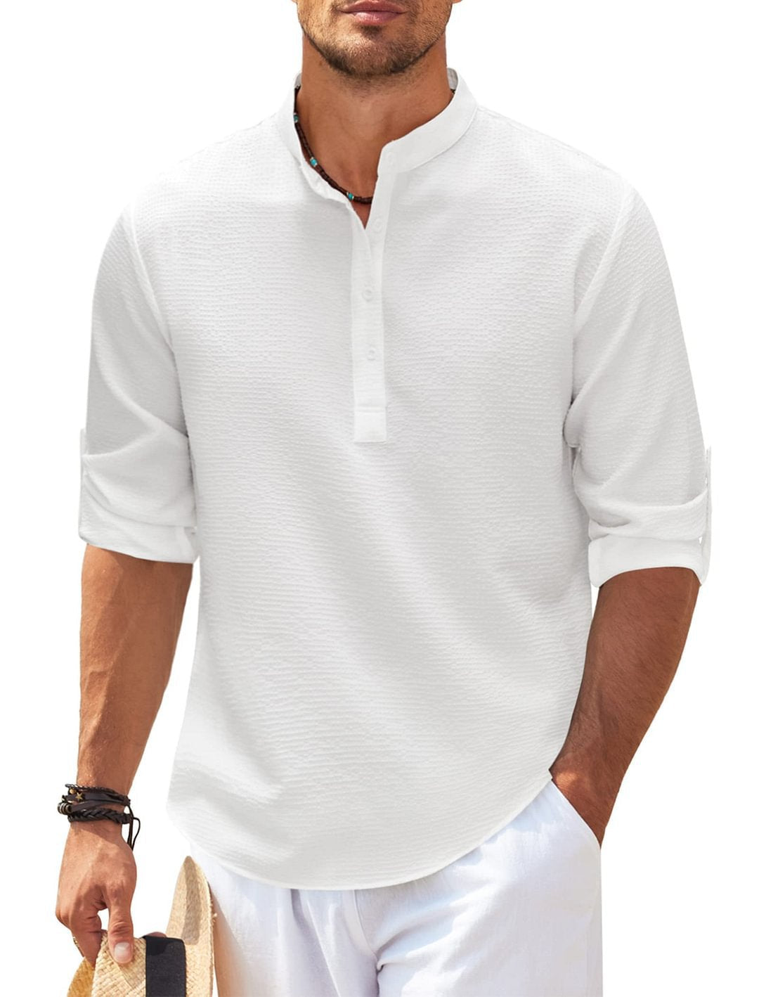 Bushii | Heren Overhemd Katoen Kraagloos Casual Zomerlook