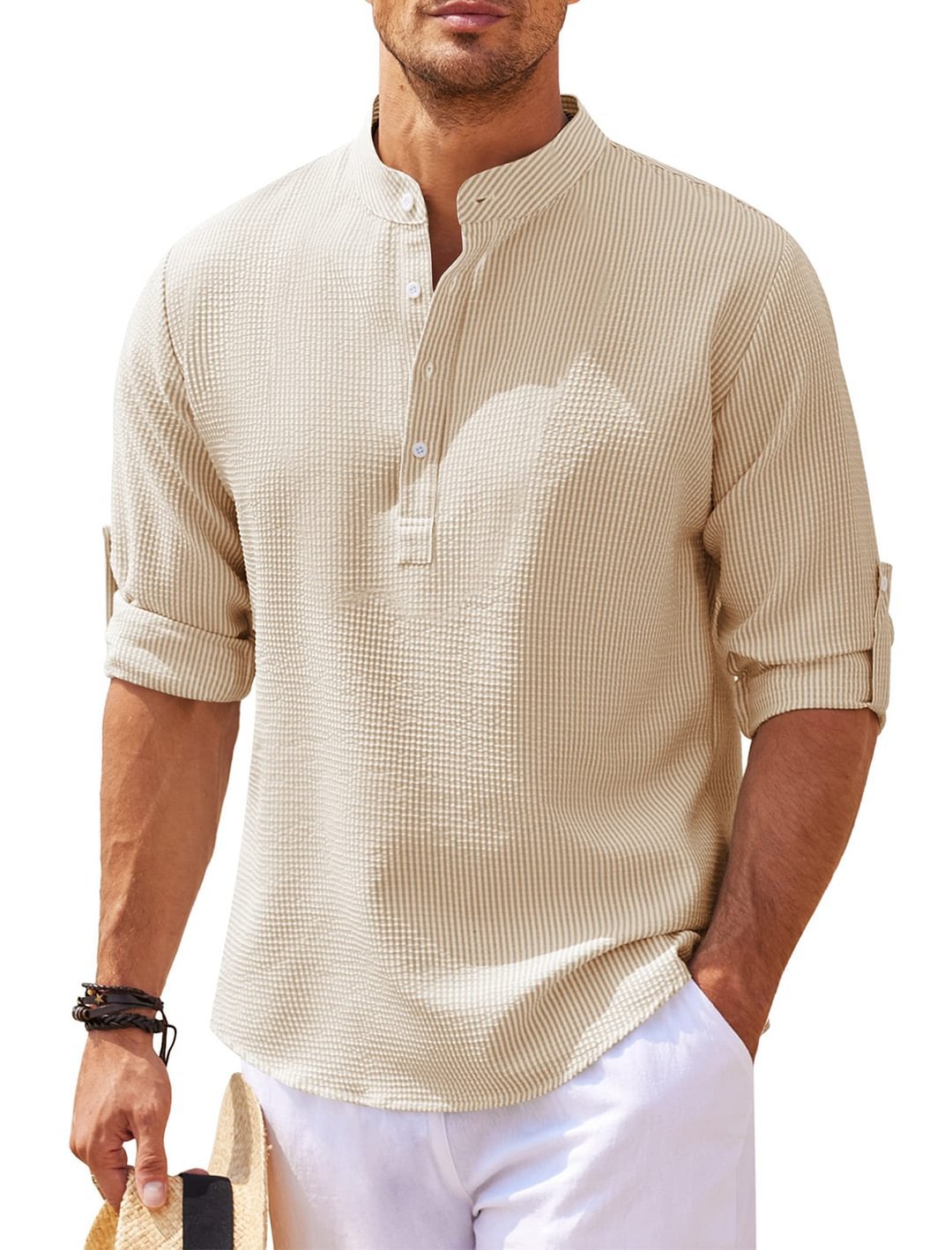 Variant image for Heren Overhemd Katoen Kraagloos Casual Zomerlook-43