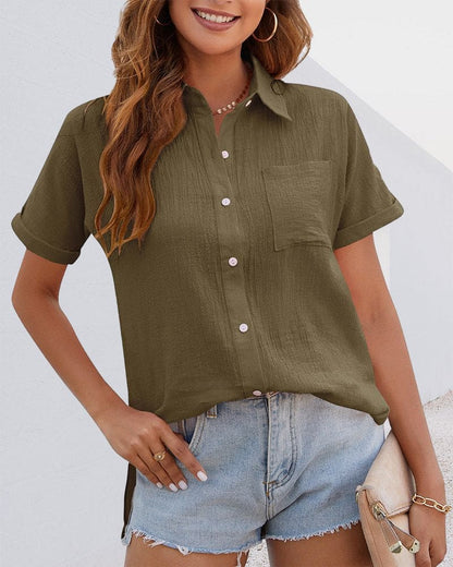 Bushii | Effen Damesblouse met Knoopsluiting en Korte Mouwen