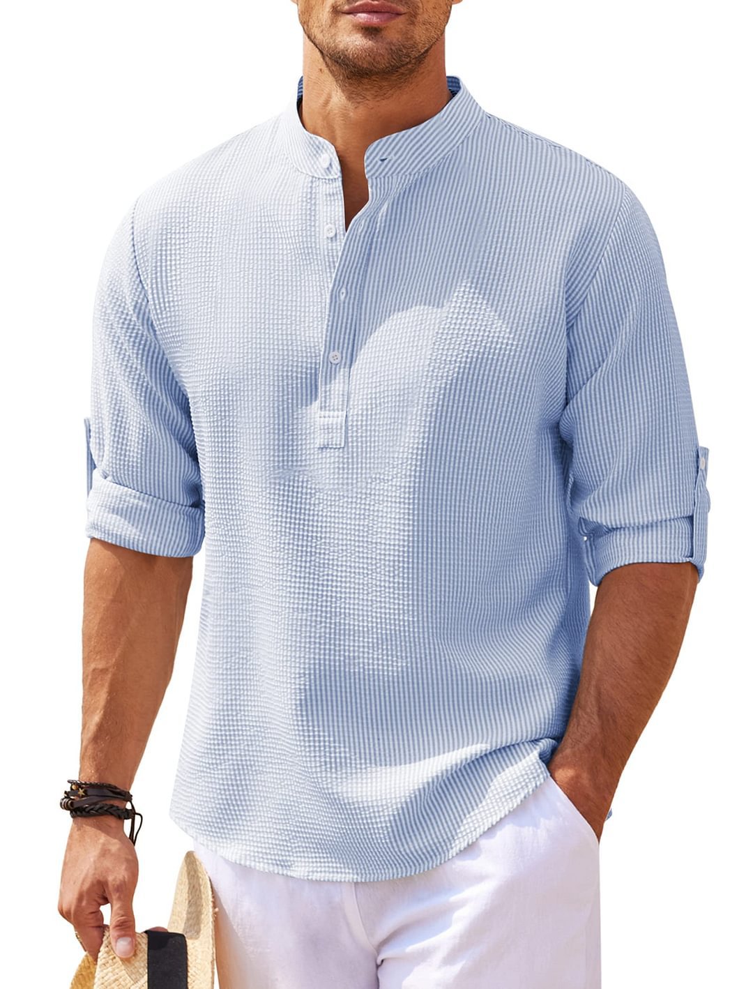 Variant image for Heren Overhemd Katoen Kraagloos Casual Zomerlook-22
