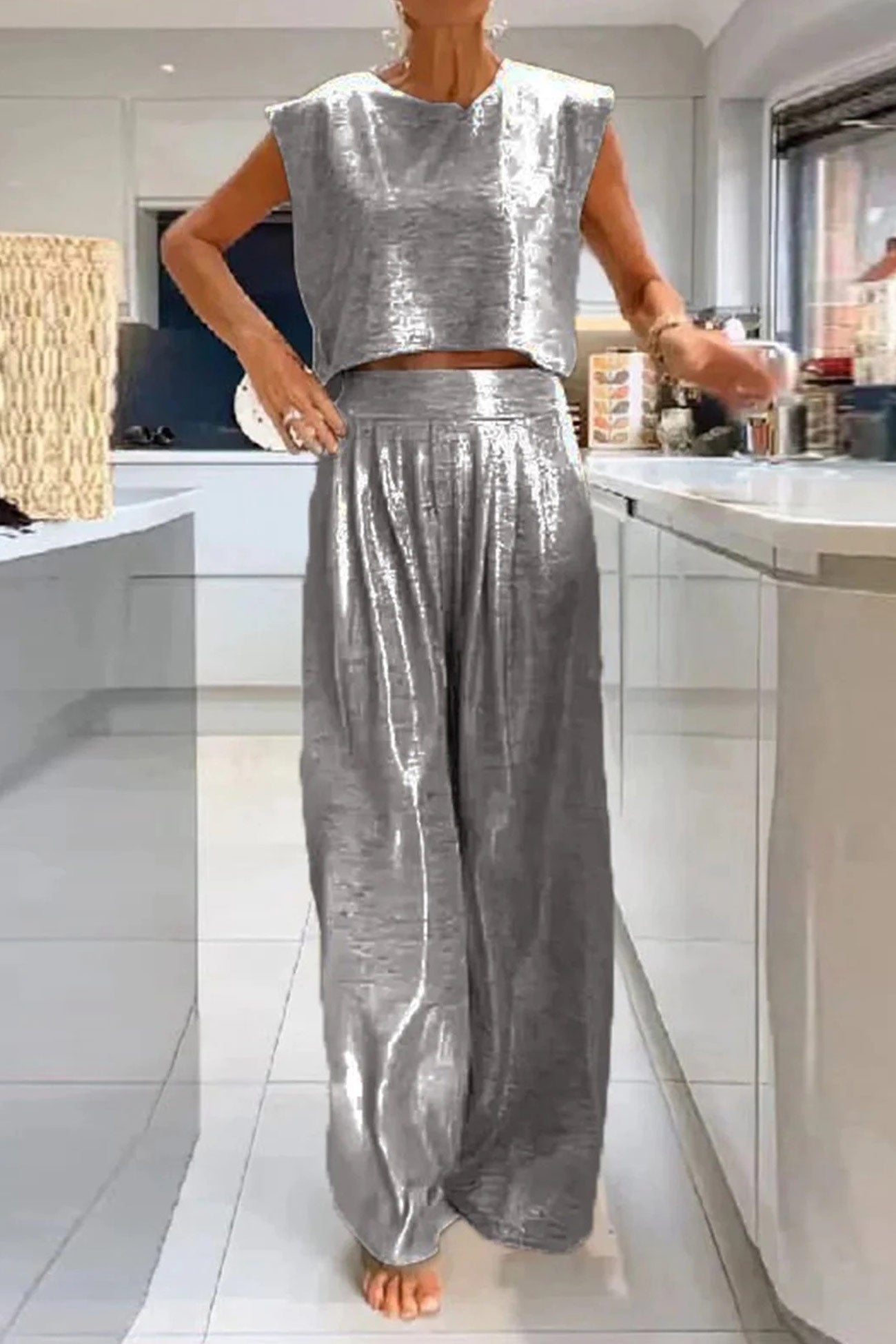 Variant image for Tweedelige Set Dames Glanzend met Crop Top en Wijde Broek - High-Waist Fashion Set-17