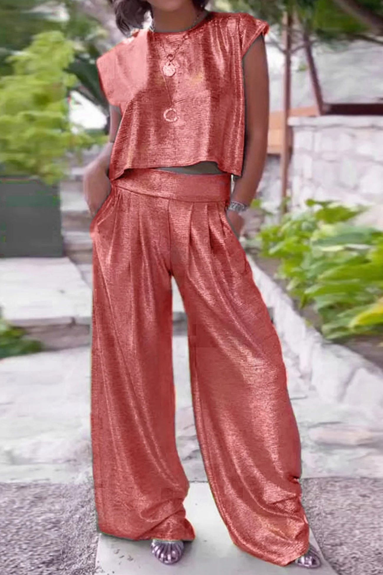Variant image for Tweedelige Set Dames Glanzend met Crop Top en Wijde Broek - High-Waist Fashion Set-25