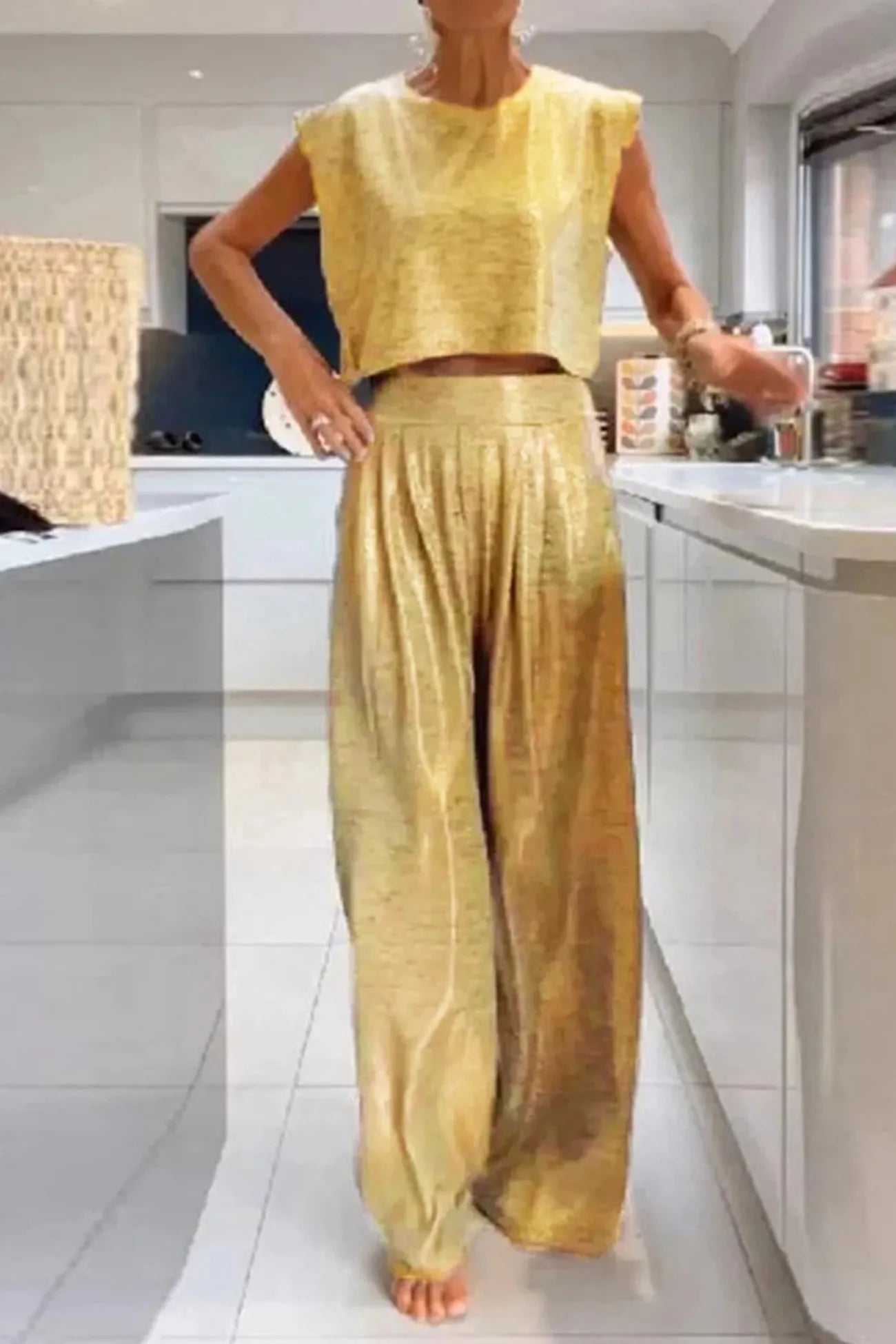 Variant image for Tweedelige Set Dames Glanzend met Crop Top en Wijde Broek - High-Waist Fashion Set-33
