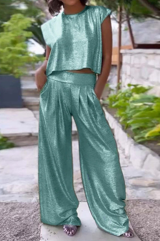 Bushii | Tweedelige Set Dames Glanzend met Crop Top en Wijde Broek