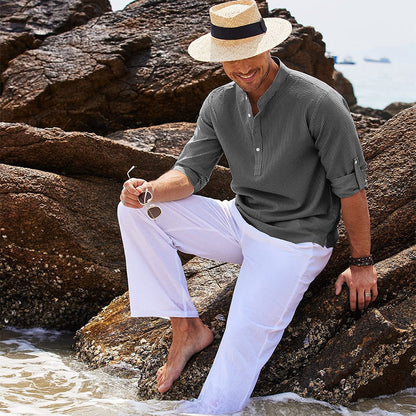 Bushii | Heren Overhemd Katoen Kraagloos Casual Zomerlook