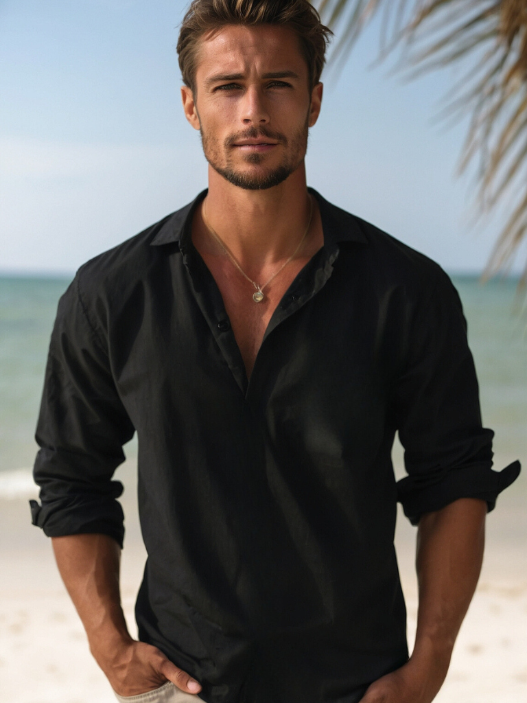 Heren Shirt Marineblauw 100% Linnen Overhemd voor Casual Stranduitjes