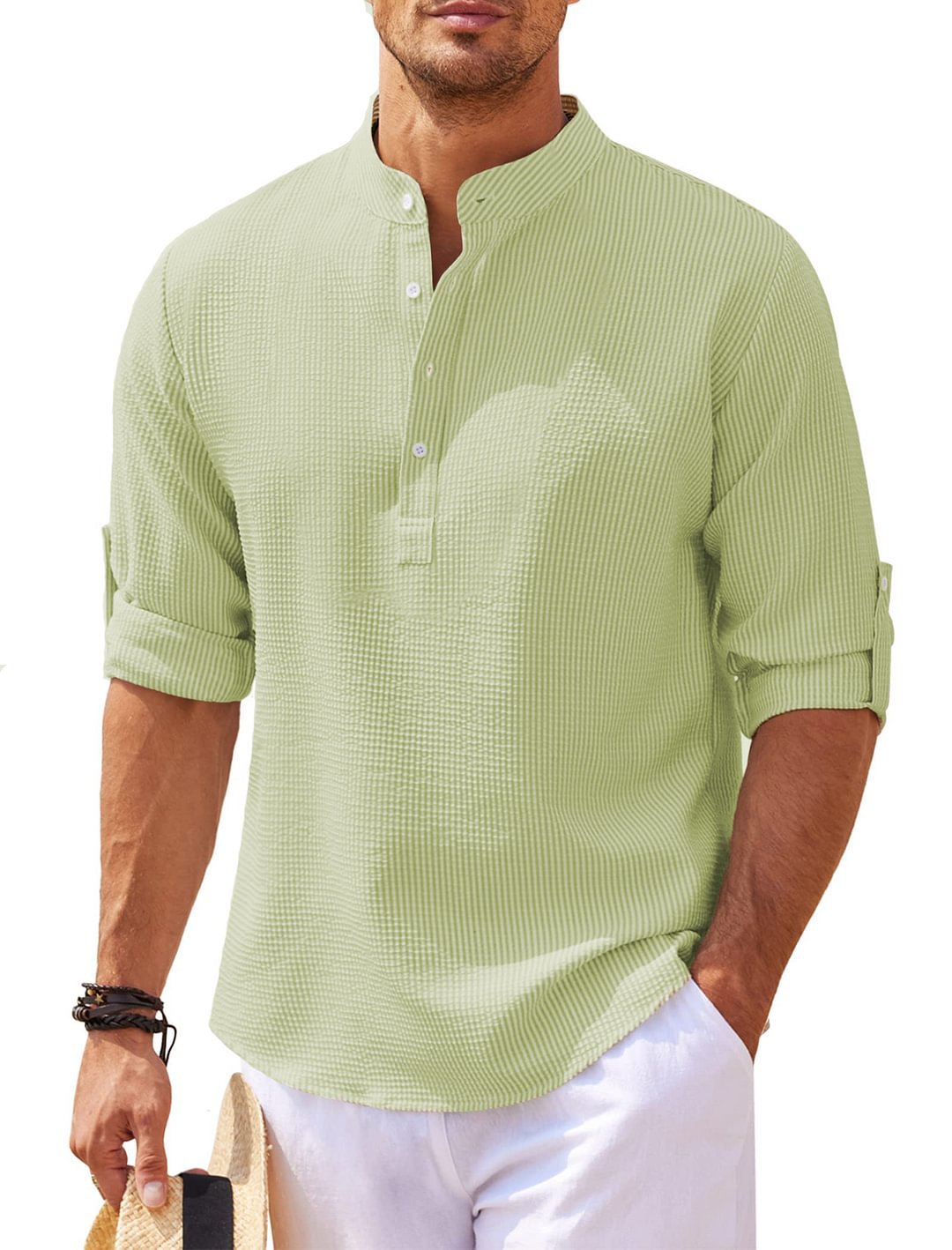Bushii | Heren Overhemd Katoen Kraagloos Casual Zomerlook