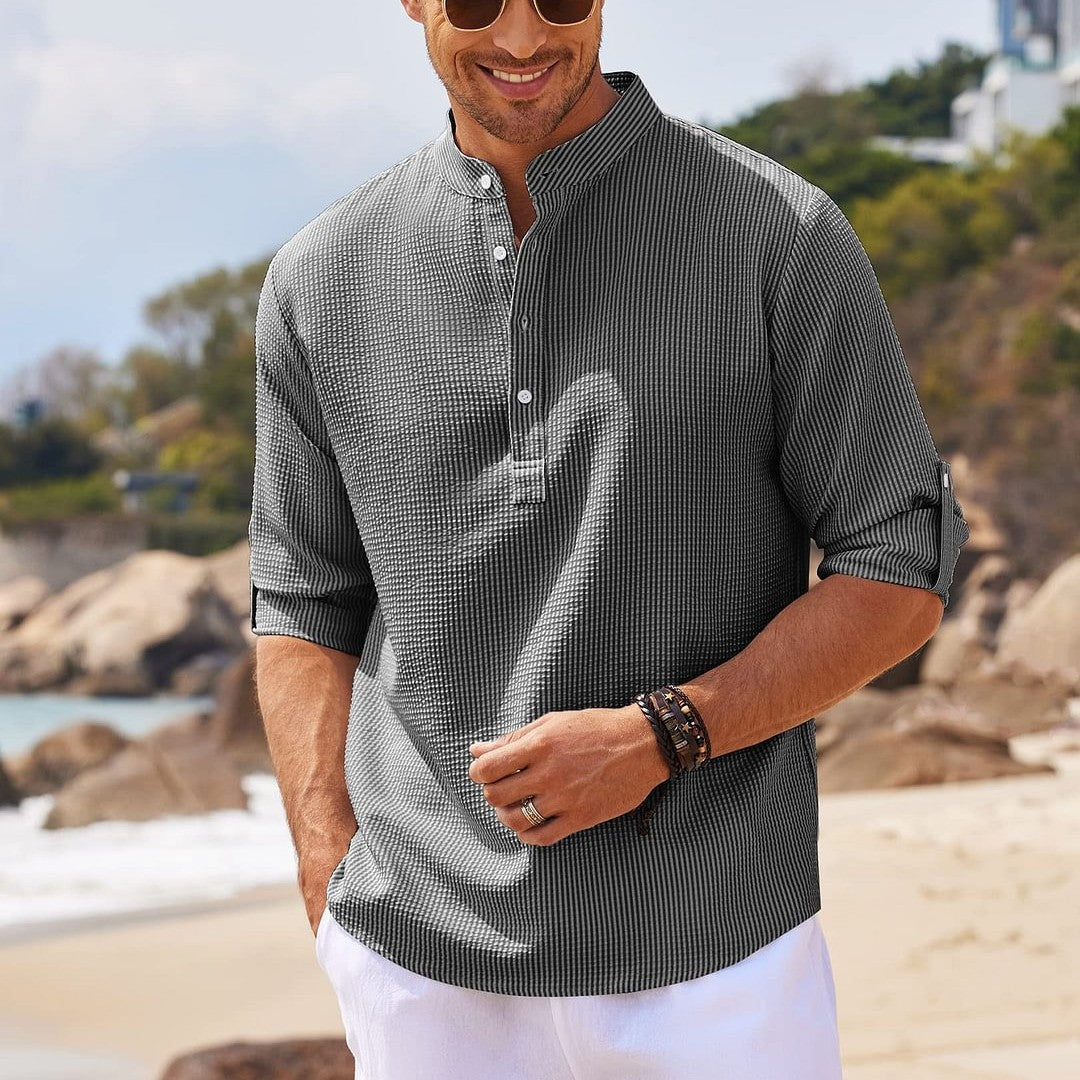 Bushii | Heren Overhemd Katoen Kraagloos Casual Zomerlook