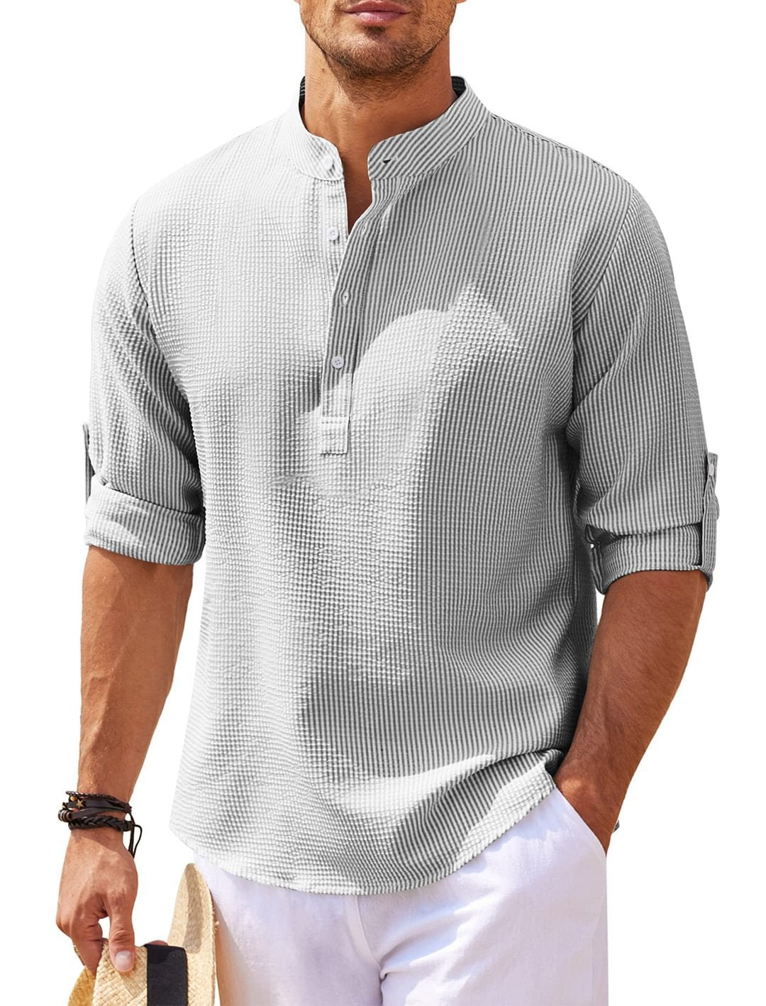 Variant image for Heren Overhemd Katoen Kraagloos Casual Zomerlook-29